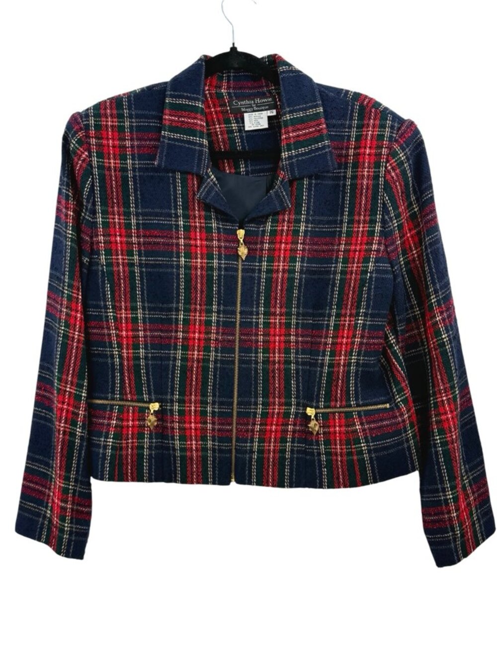 Cynthia Howie Plaid Wool Blend Cropped Jacket Americana Fox Zipper Size 16